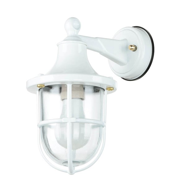 Weiße Wandleuchte mit Schutzkorb und klarem Glas