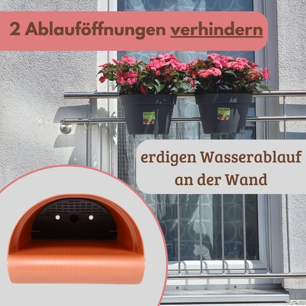 Balkonkasten mit zwei Ablauföffnungen am Boden zur Vermeidung von schmutzigen Wasserflecken an der Wand.