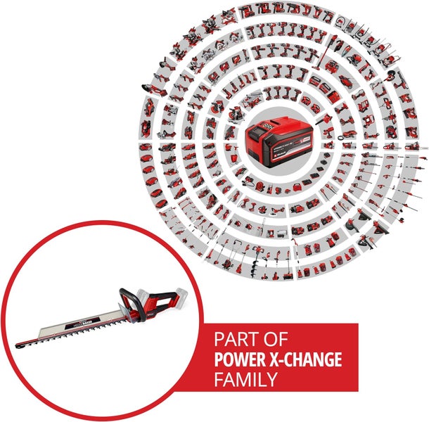 Einhell Power X-Change Akku-Systemübersicht mit zahlreichen Elektrowerkzeugen und Gartengeräten um einen zentralen Akku angeordnet.