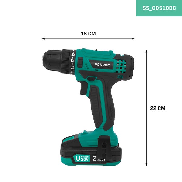 Vonroc Akku-Bohrschrauber 20 Volt mit Abmessungen 18 Zentimeter Länge und 22 Zentimeter Höhe.