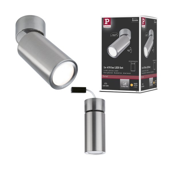 Zylinderförmiger LED Deckenstrahler aus Metall, drehbar um 350 Grad und schwenkbar um 90 Grad für eine flexible Ausleuchtung.
