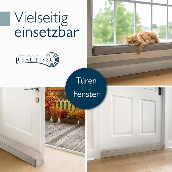 Vielseitiger Zugluftstopper für Fenster und Türen, dargestellt mit Katze an Fenster sowie Terrassen- und Innentür, Beautissu Logo.