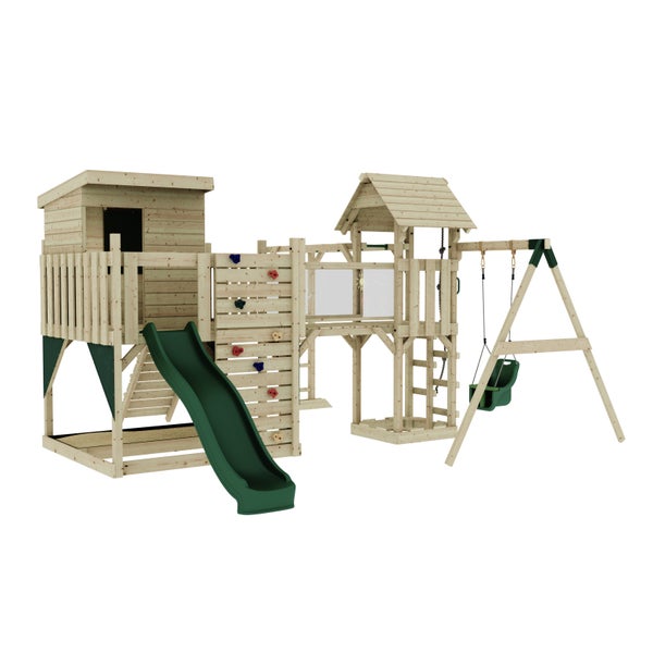 Spielplatz aus Holz mit Rutsche, Schaukel und Kletterwand