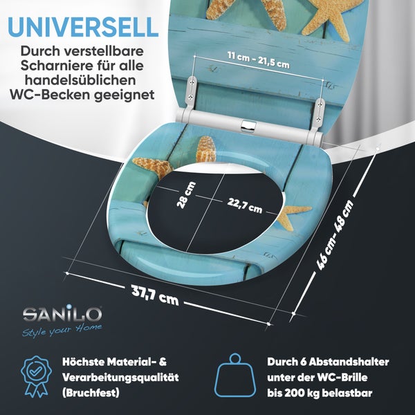 Sanilo WC-Sitz universell mit Seestern-Motiv. Breite 37,7 Zentimeter, Länge 46 bis 48 Zentimeter. Belastbar bis 200 Kilogramm. Sanilo Logo.