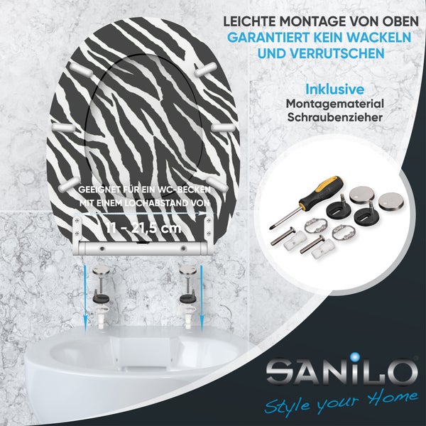 Toilettensitz mit Zebra-Muster, Montagematerial und Schraubendreher. Montage von oben für Lochabstand 11 bis 21,5 Zentimeter. Wackelfrei. SANILO Logo.