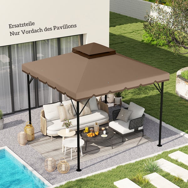 Ersatz-Vordach für einen Gartenpavillon in Braun auf einem schwarzen Metallgestell über einer Sitzecke im Garten neben einem Pool.