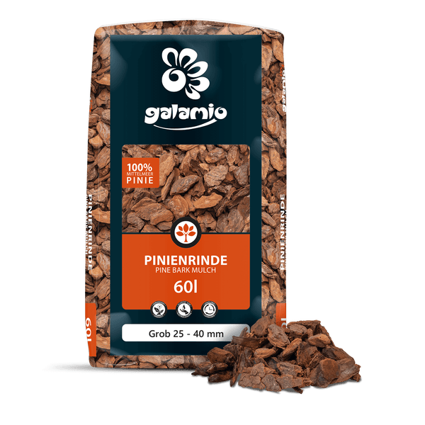 Galamio Logo, Pinienrinde aus 100 Prozent Mittelmeer-Pinie, 60 Liter Sack, grobe Körnung 25 bis 40 Millimeter.