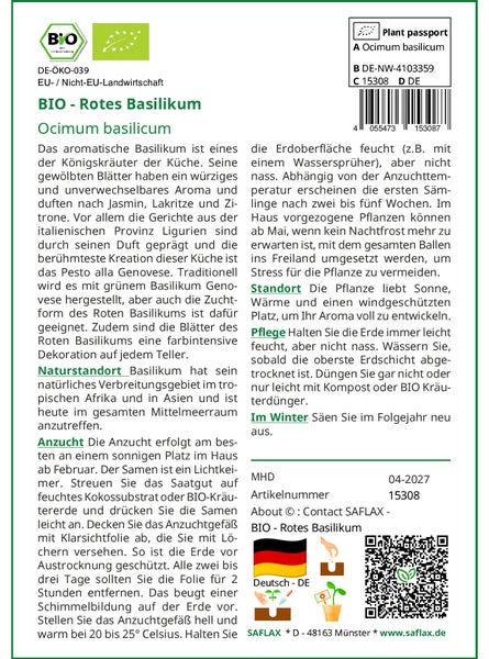 SAFLAX Garden in the bag - BIO - Rotes Basilikum - Ocimum basilicum - 400 Samen - Mit Anzuchtsubstrat im praktischen, selbst aufstellenden Beutel