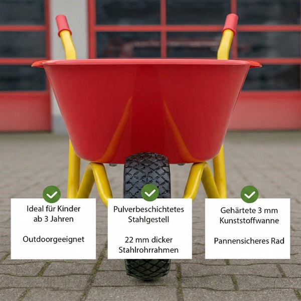 Rote Kinderschubkarre mit pulverbeschichtetem Stahlgestell und pannensicherem Rad