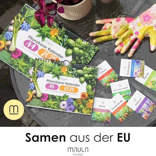 Saatgut Kalender 2025 - Einpflanzbarer Kalender Wandkalender 2025 A4 - Monatskalender 2025 mit 12 Sorten EU Samen - Kalender zum Einpflanzen - Gemüse, Kräuter, Obst & Blumen WC014_25