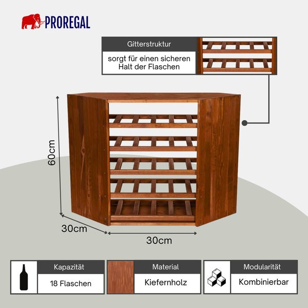Proregal Weinregal aus Kiefernholz für 18 Flaschen, Eckregal, Höhe 60 Zentimeter, Breite 30 Zentimeter, Gitterstruktur, Proregal Logo.