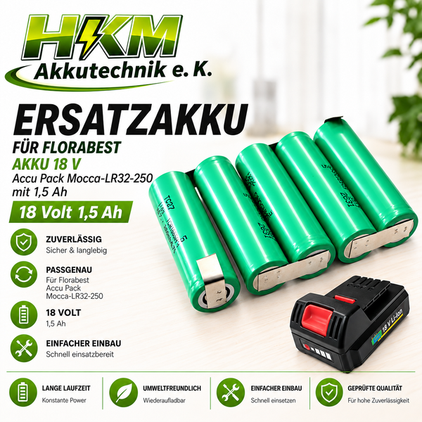 HKM Akkutechnik Ersatzakku für Florabest Akku 18 Volt 1,5 Amperestunden, passgenau für Mocca LR32-250.