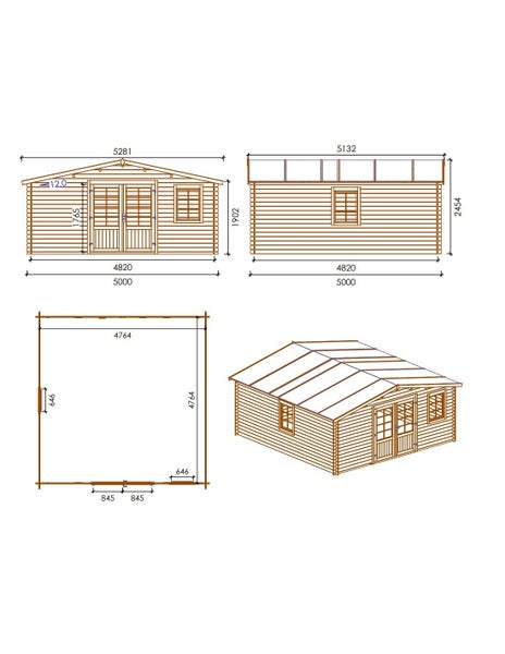 Technische Zeichnung eines Gartenhauses aus Holz mit Maßangaben, Vorderansicht, Seitenansicht, Grundriss und dreidimensionaler Ansicht.