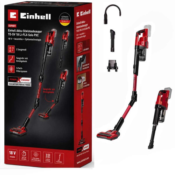 Einhell Akku-Stielstaubsauger TE-SV 18 Li-FLX-Solo PXC, Einhell Logo, mit flexiblem Saugrohr, Handsauger-Funktion und Zubehör.