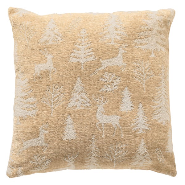 Quadratisches Dekokissen mit Winterlandschaftsmotiv inklusive Tannenbäumen und Hirschen