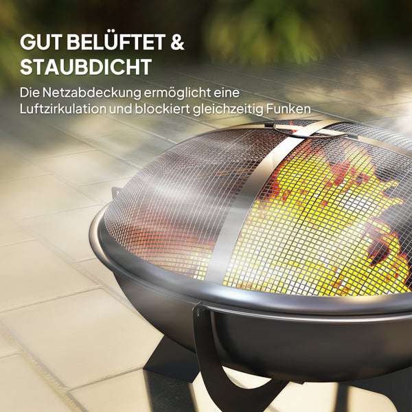 Outsunny Feuerschale Ø54x39cm aus Metall Rund Feuerstelle mit Funkenschutz Schürhaken Tragbare Feuerschalen Feuerkorb für Garten, Balkon Terrasse, Outdoor Camping Schwarz