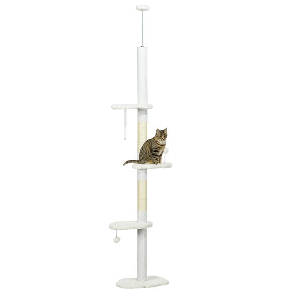 PawHut Kratzbaum Deckenhoch, 225-255 cm Katzenbaum, Katzenkratzbaum, Kletterbaum mit Jute-Seilpfosten, Katzenleiter, Spielball, Hängematte, Katzenmöbel für Katzen bis 5 kg, Weiß