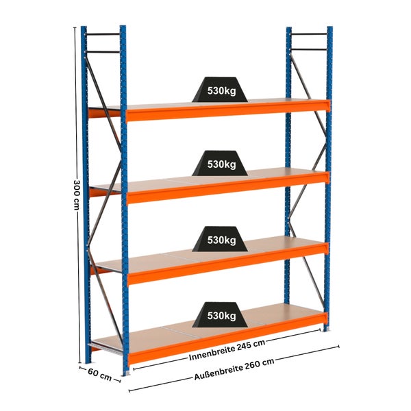 Steckregal mit vier Ebenen und Maßangaben