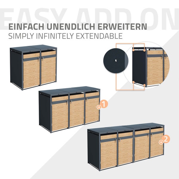 ML-Design Mülltonnenbox 2er 2 Tonnen 240L 132x80x116,3cm Anthrazit-Lärchenoptik Stahl, wetterfest/abschließbar Mülltonnenverkleidung Klappdeckel/2 Türen, Müllbox Mülltonnecontainer Mülltonnenabdeckung