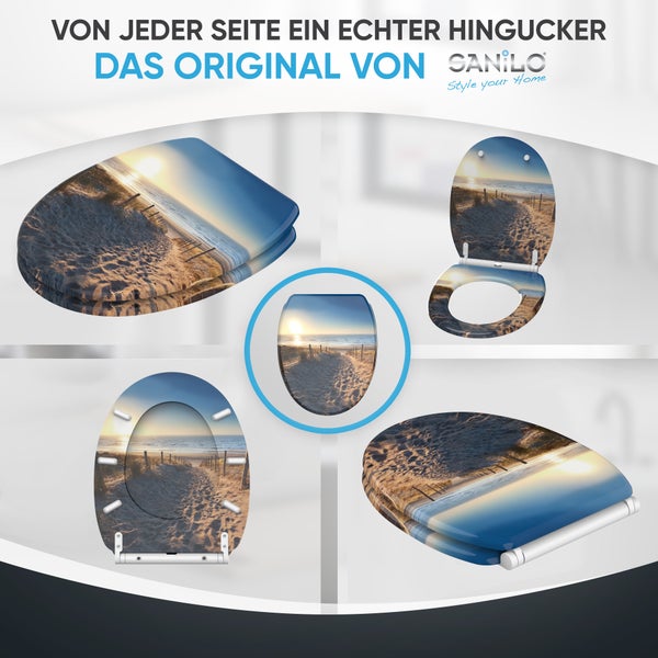 Sanilo Toilettensitz mit Strandmotiv in fünf verschiedenen Ansichten und Sanilo Logo.