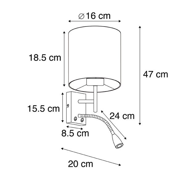 Technische Zeichnung einer Wandleuchte mit Lesearm und Abmessungen.