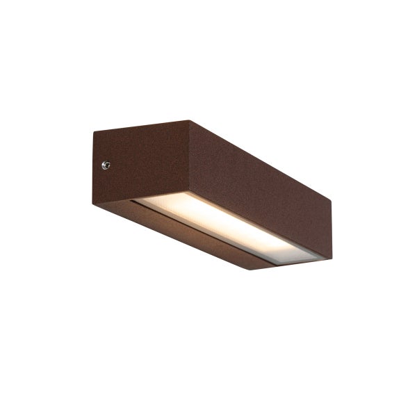 Rustikale rechteckige Außenwandleuchte mit warmweißem LED-Licht und strukturierter Oberfläche.