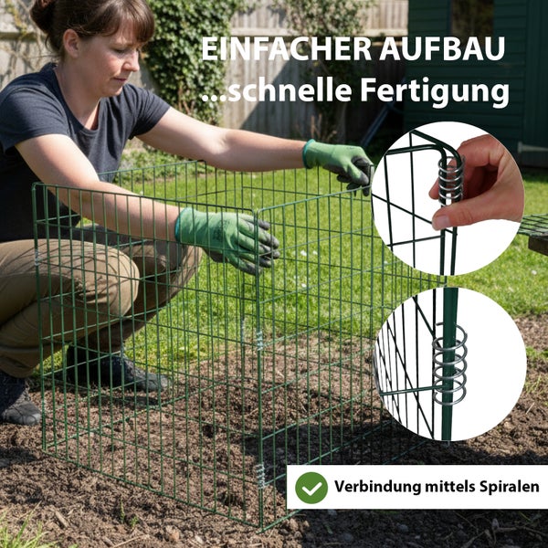 Frau baut einen Kompostbehälter aus Drahtgitter im Garten zusammen. Die Verbindung erfolgt mittels Spiralen.