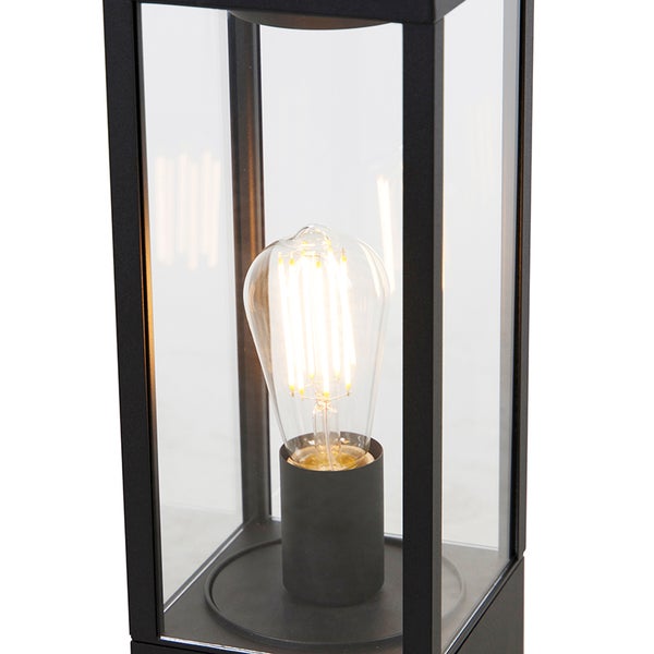 Moderne Laterne mit schwarzem Metallrahmen, Glasscheiben und leuchtendem LED Filament Leuchtmittel.