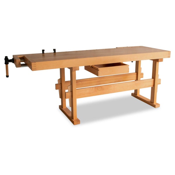Werkbank aus Holz mit Schublade und Schraubstock