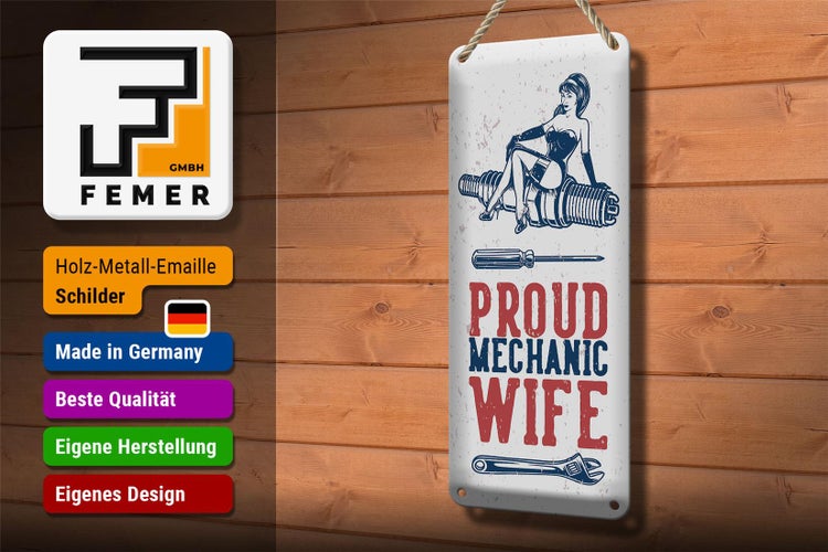 Blechschild Spruch Pinup Proud mechanic wife 10x27cm Dekoration