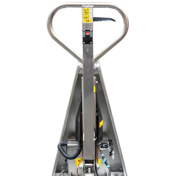 Detailansicht der Deichsel eines Edelstahl-Hubwagens mit ergonomischem Griff, Bedienhebel und Sicherheitshinweisen.