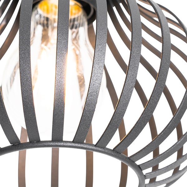 Detailaufnahme einer Pendelleuchte mit Metallkäfig und Glühbirne