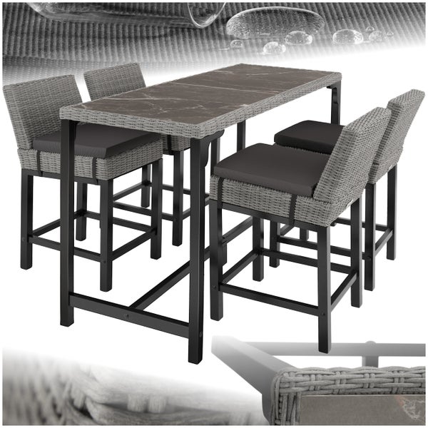 Rattan Tisch Lovas mit 4 Stühlen Latina tectake  Beine aus Holz mit Aluminiumgestellen grau