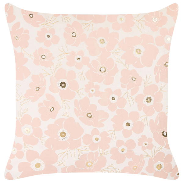 Quadratisches Dekokissen mit floralem Muster in Rosa und Gold.