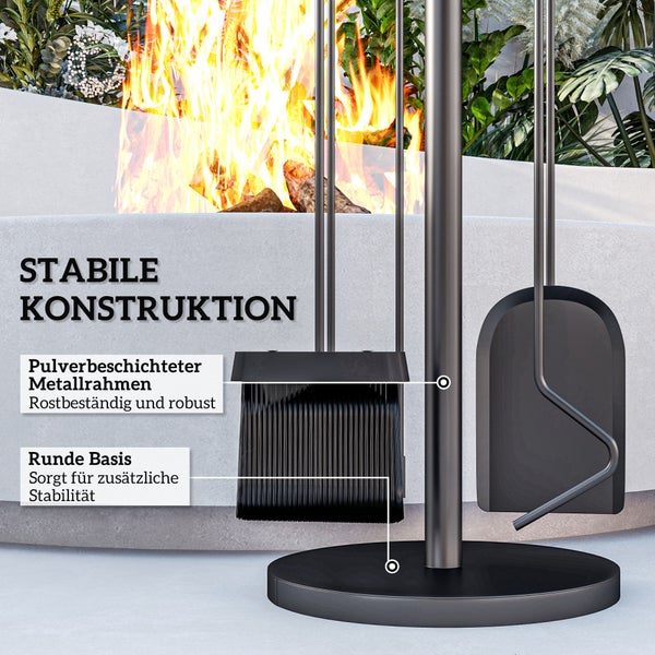 Outsunny Kaminbesteck Set, 5-teilig Kaminzubehör mit Schaufel, Besen, Zange, Schürhaken und Ständer, Kamingarnitur, Ø25 x 54H cm, Metall, Schwarz