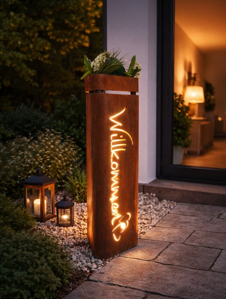 Beleuchtete Willkommens Stele aus Rostoptik Metall mit Pflanzschale auf einer Terrasse bei Nacht