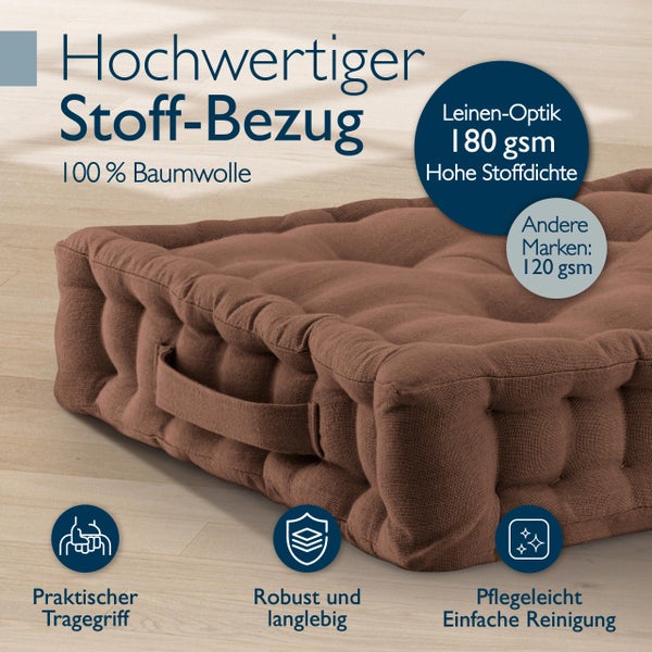 Braunfarbenes Bodenkissen mit Tragegriff, Bezug aus 100 Prozent Baumwolle