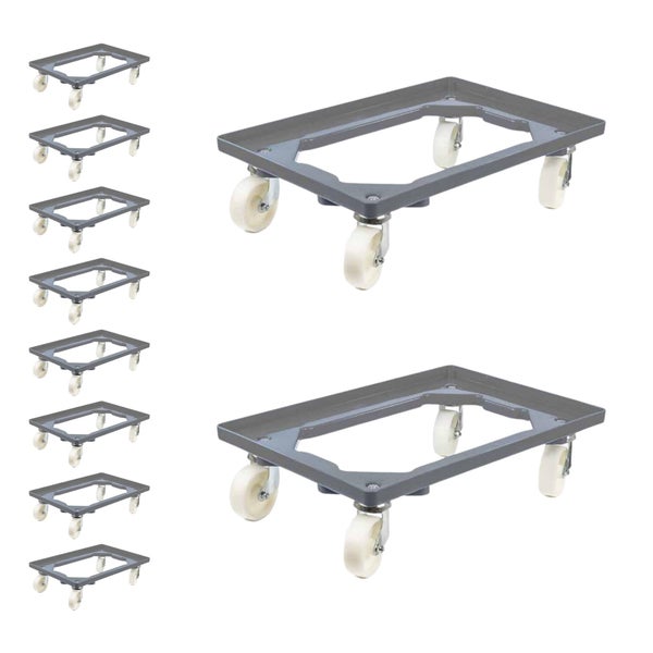 PROREGAL SparSet 10x Transportroller für Euroboxen 60 x 40 cm mit Kunststoffräder Grau Offenes Deck 2 Lenkrollen und 2 Bockrollen Traglast 300 kg