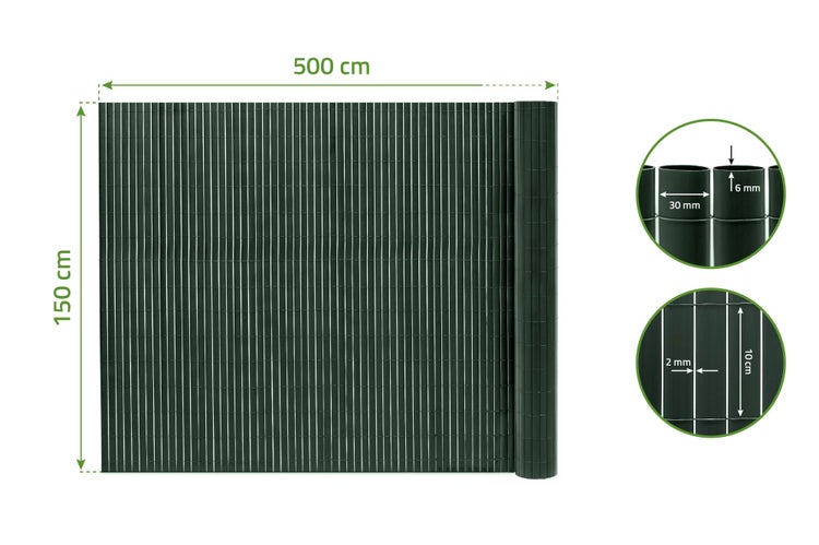 Sichtschutzmatte aus Kunststoff mit den Maßen 150 Zentimeter mal 500 Zentimeter mit Maßangaben der Röhrchen und Drahtabstände