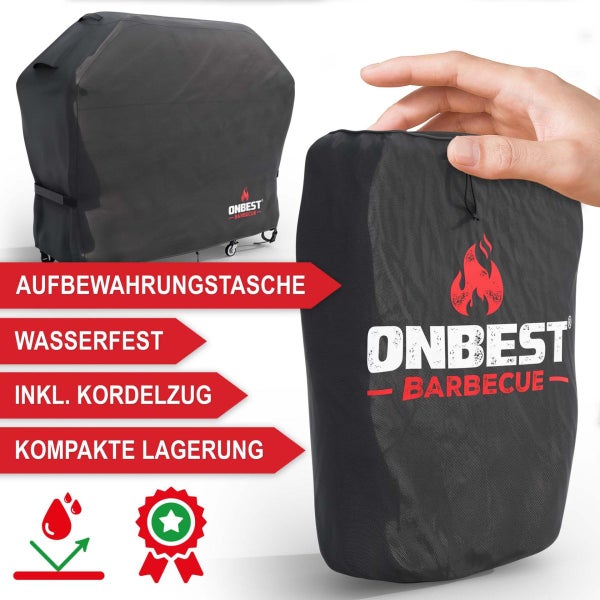 ONBEST BARBECUE Abdeckhaube für Grills mit Aufbewahrungstasche. Wasserfest, inklusive Kordelzug für kompakte Lagerung. ONBEST BARBECUE Logo.