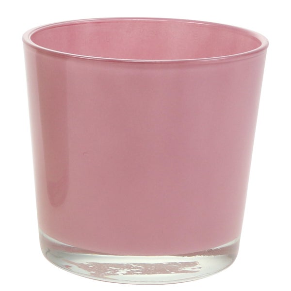 Detailansicht eines runden Blumentopfs aus Keramik in Rosa mit glatter Oberfläche.