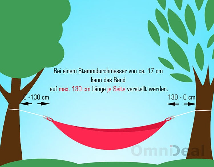 Grafik zur Hängemattenbefestigung zwischen zwei Bäumen mit Erläuterung der maximalen Verstelllänge von 130 Zentimeter pro Seite.