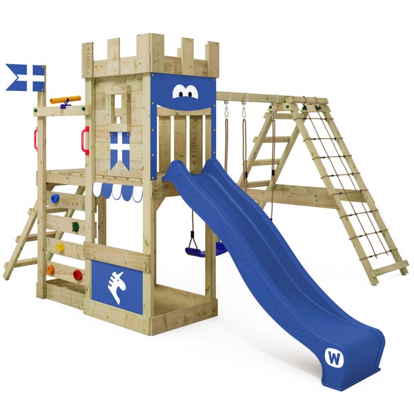 WICKEY Spielturm Ritterburg DragonFlyer mit Schaukel und Rutsche, Spielhaus mit Sandkasten, Kletterleiter und Spiel-Zubehör - blau