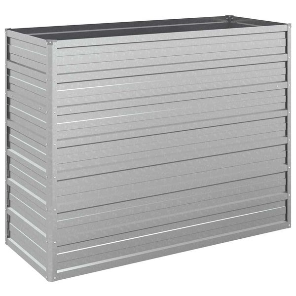 Rechteckiges Hochbeet aus Metall mit horizontalen Lamellen.