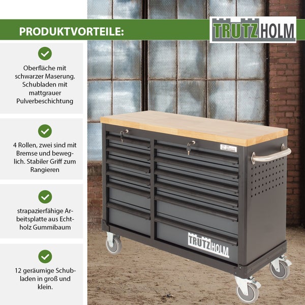 Werkbankwagen mit zwölf Schubladen und Arbeitsplatte aus Holz der Marke TrutzHolm