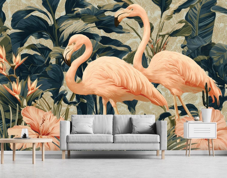 Wandbild mit Flamingos, Pflanzen und Möbeln