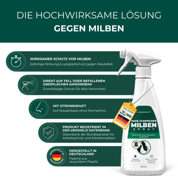Silberkraft Milbenspray Hase/Kaninchen 500 ml, effektiver Schutz für Haustiere, Kontakt- und Umgebungsspray, Repellent gegen Milben, Milbenbefall zuverlässig bekämpfen