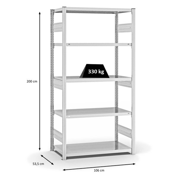 PROREGAL Fachbodenregal Stecksystem T-Profil Heavy-Duty Grundregal HxBxT 200 x 100 x 50 cm 5 Ebenen Fachlast 330 kg Beidseitig Nutzbar Lichtgrau
