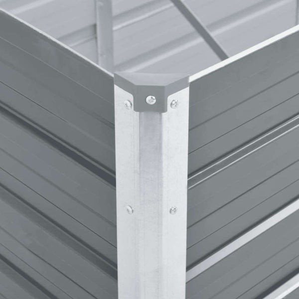 Detailansicht der Ecke eines Hochbeets aus Metall mit Eckschutz aus Kunststoff und Schraubverbindung.