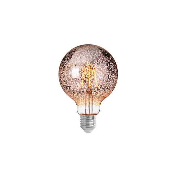 LED-Filament-Leuchtmittel in Globe-Form mit E27-Sockel und gesprenkeltem Glas im Vintage-Design.
